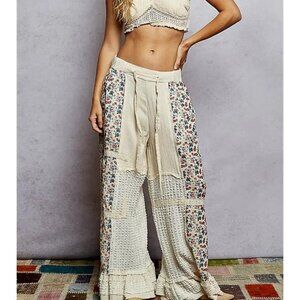 POL- GORGEOUS Double Gauze Lace Print Patch Ruffle Woven Wide Pants S-L